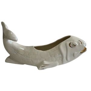 Vintage Ceramic Lustrous MCM Koi Fish Dish, White, Gold Accents, 14” x 7”.